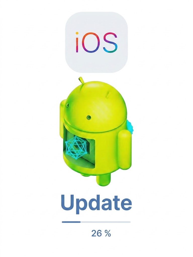 Pantalla de actualización del sistema con los logotipos de iOS y Android