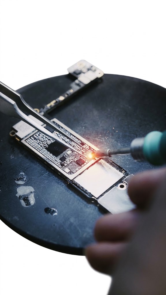 Técnico soldando con precisión un componente sobre la placa lógica de un celular