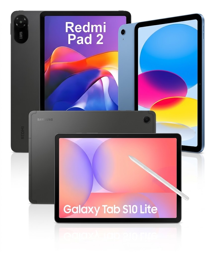Redmi Pad 2, iPad y Samsung Galaxy Tab S10 Lite vistos de frente y por detrás