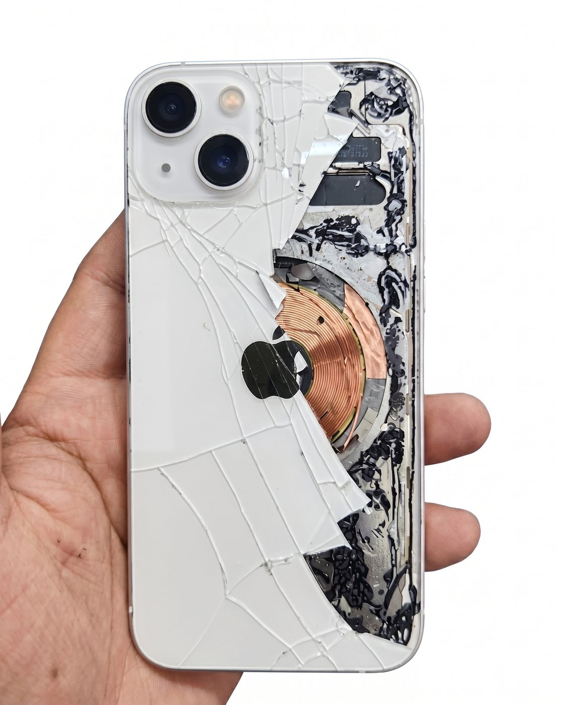 iPhone con la tapa posterior de cristal completamente estrellada y desprendida