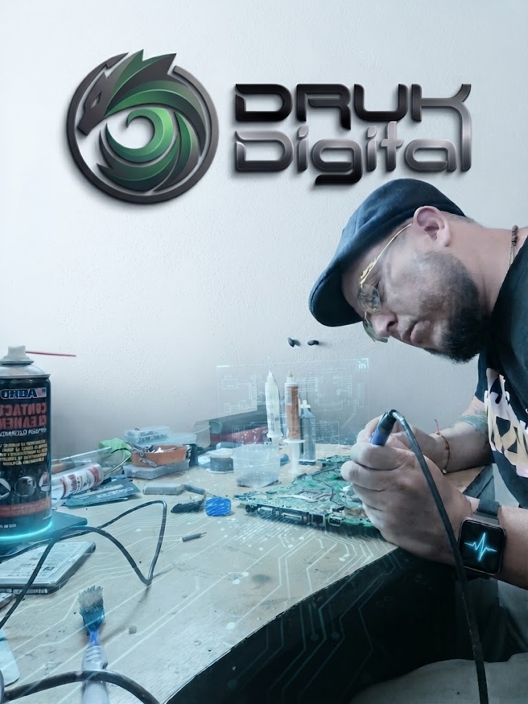 Diego, técnico de DRUK Digital, soldando una placa en el taller bajo el logotipo del negocio