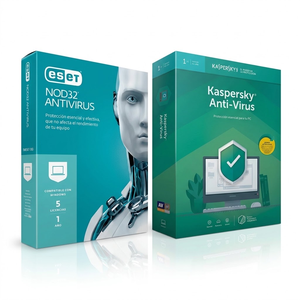 Cajas de ESET NOD32 Antivirus y Kaspersky Anti-Virus con licencia de un año