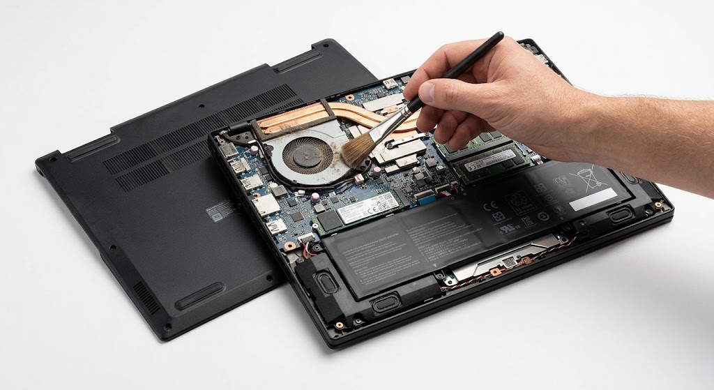 Laptop abierta por debajo mientras se limpia con brocha el ventilador y el disipador