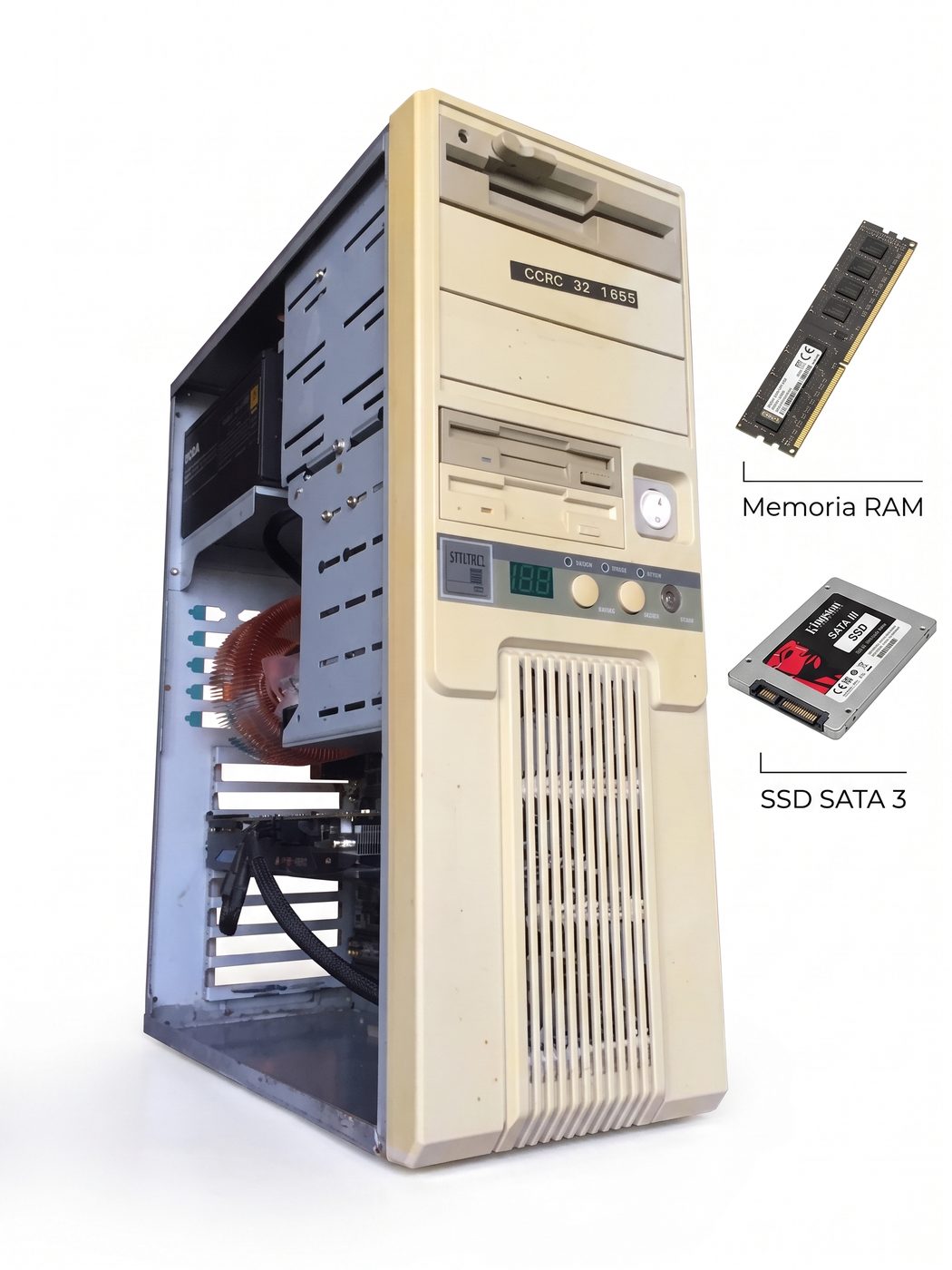 Torre de computadora antigua junto a una memoria RAM y un disco SSD SATA 3 de reemplazo