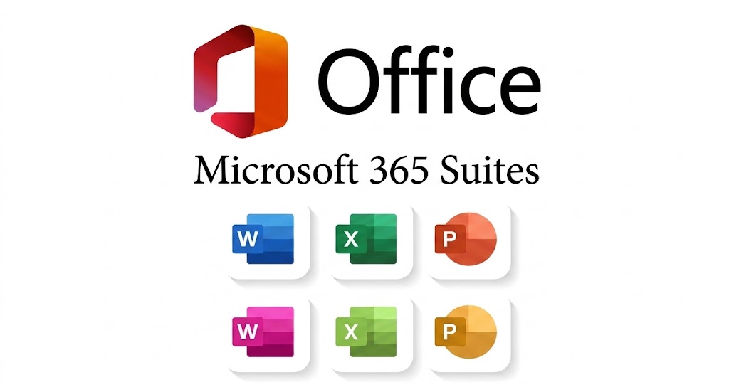 Logotipo de Office y Microsoft 365 con los iconos de Word, Excel y PowerPoint