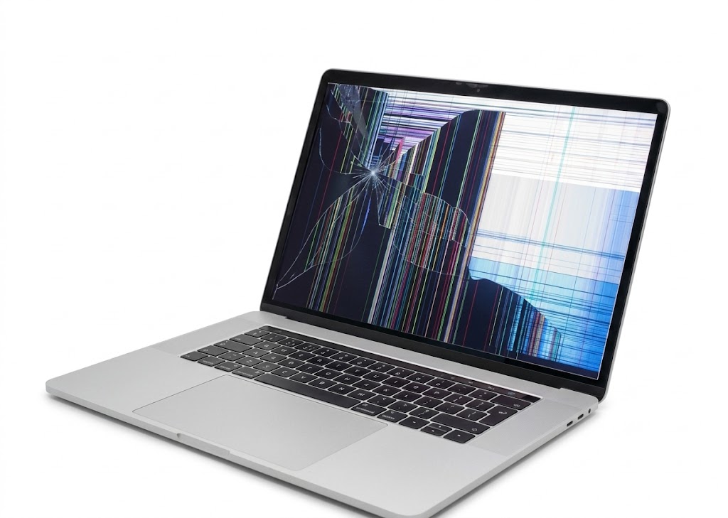 Laptop con la pantalla rota mostrando líneas de colores y el cristal estrellado