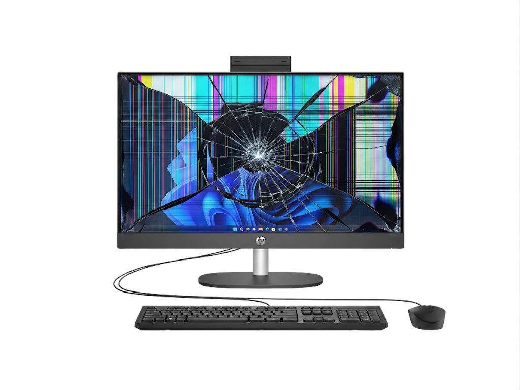 Computadora todo en uno con la pantalla estrellada sobre su base