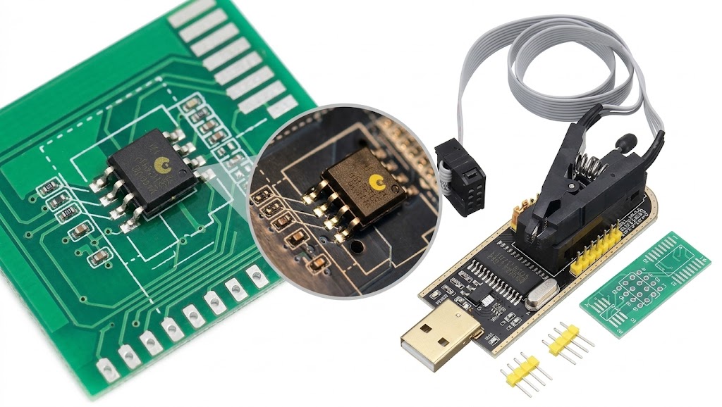 Programador USB con pinza junto a una placa con el chip de BIOS ampliado